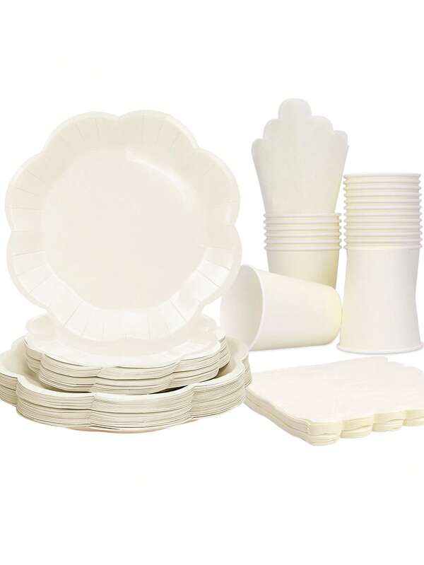 10件套象牙色派对用品套装，包含一次性纸盘、纸杯、米白色餐巾纸，象牙色餐具套装，包含扇形盘、碟、餐巾纸和纸杯，一次性餐具套装，适用于婚礼、新娘送礼会、婴儿派对、生日、圣诞节装饰