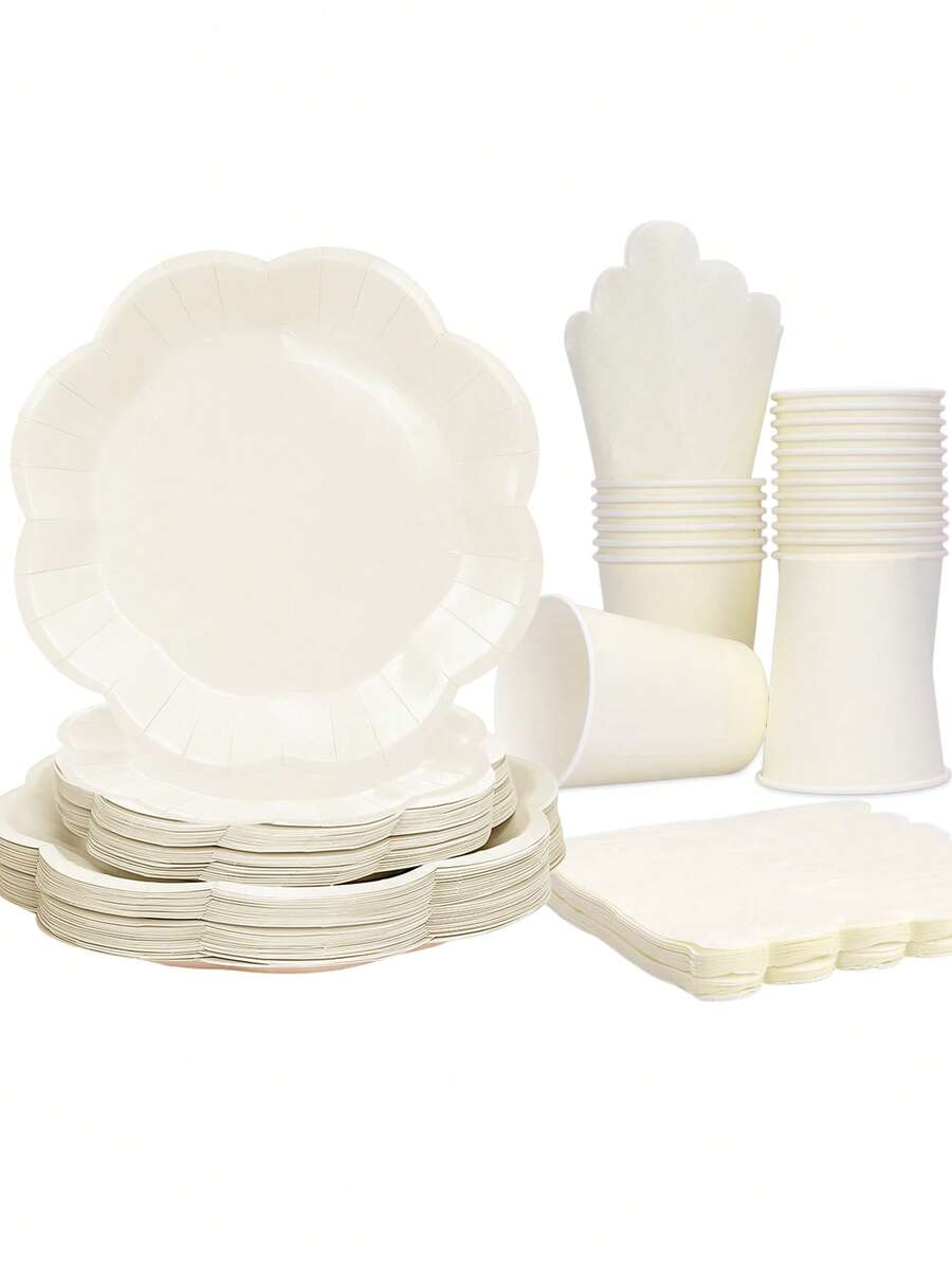 10pcs Ivory Party Supplies Set, Includes Disposable Paper Plates, Cups, Napkins In Cream White, Ivory Tableware Set With Fan-Shaped Plates, Dishes, Napkins And Cups, Disposable Cutlery Set, Suitable For Weddings, Bridal Showers, Baby Showers, Birthdays, Christmas Decorations - Multicolor - View 1