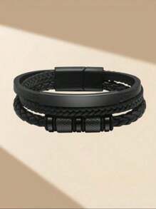 1pc Curved PU Leather Multi-Layer Bracelet, Braided Wristband, Fashion Accessory For Men, Ideal Choice For Special Occasions