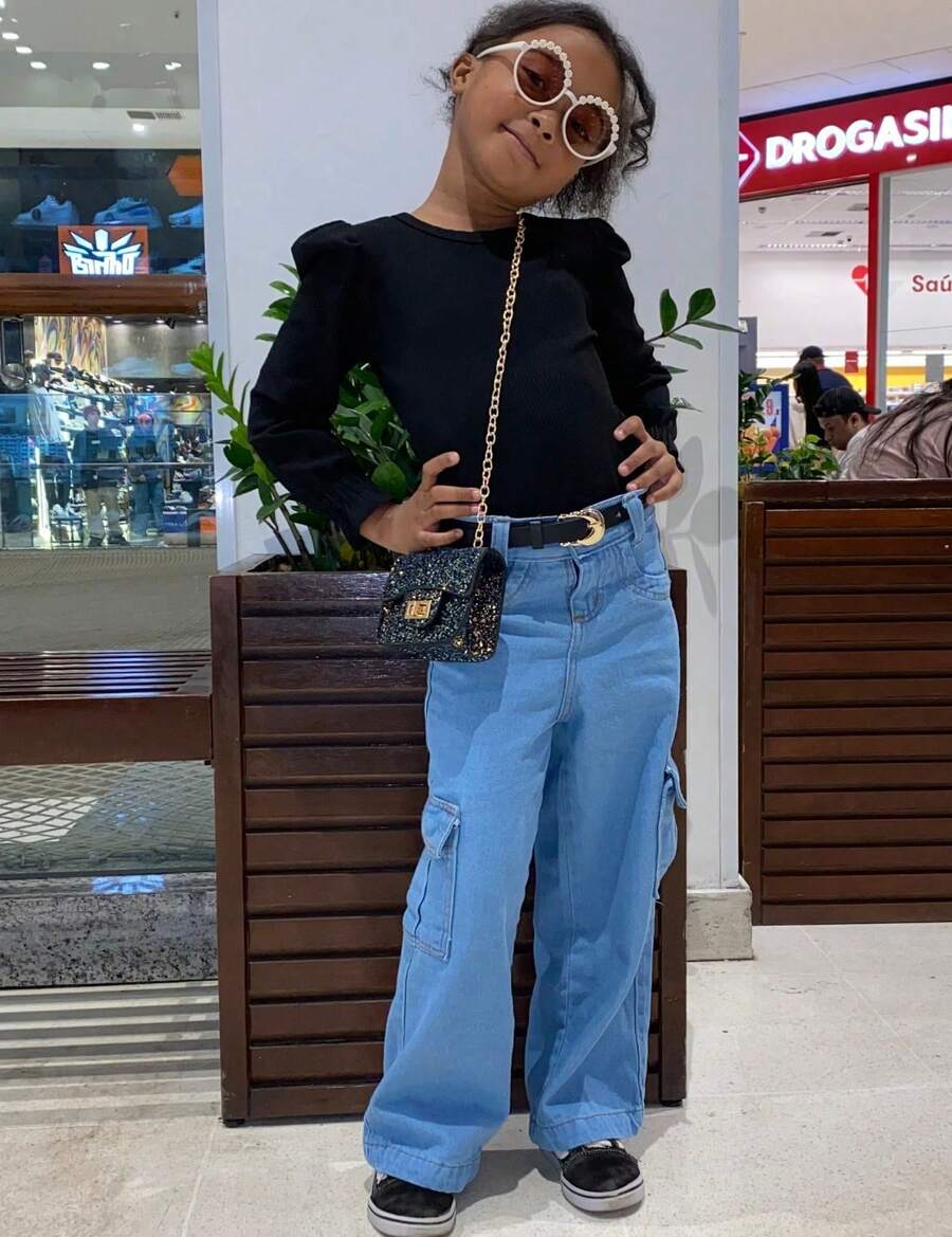 Kids Cargo Jeans Girls Blogger Fashion Wide Leg Pantaloons Summer Winter - Light Wash - View 1