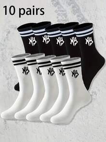 1/10双装中筒袜，黑白相间，印有NY字母图案，双条纹设计，休闲百搭运动袜，适合日常穿着 - 黑與白 - 查看 10