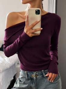 Livesso Women Casual Solid Color Oblique Shoulder Loose Knit Sweater, Autumn & Winter,Long Sleeve Tops - Burgundy - View 5