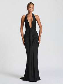 New Solid Color Elegant Neck Deep V Waist Long Dress Sexy Backless Streamer Fishtail Dress - 黑色 - 查看 1