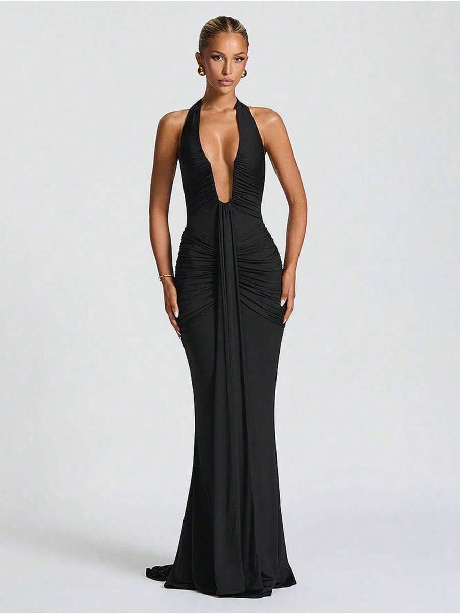 New Solid Color Elegant Neck Deep V Waist Long Dress Sexy Backless Streamer Fishtail Dress - 黑色 - 查看 1