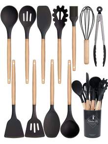 12pcs/Set Or 44pcs/Set Wooden Handle Silicone Kitchen Utensil Set, Heat Resistant Non-Stick Cookware, Suitable For Cooking And Baking, Great For Christmas - Black-regular - View 4