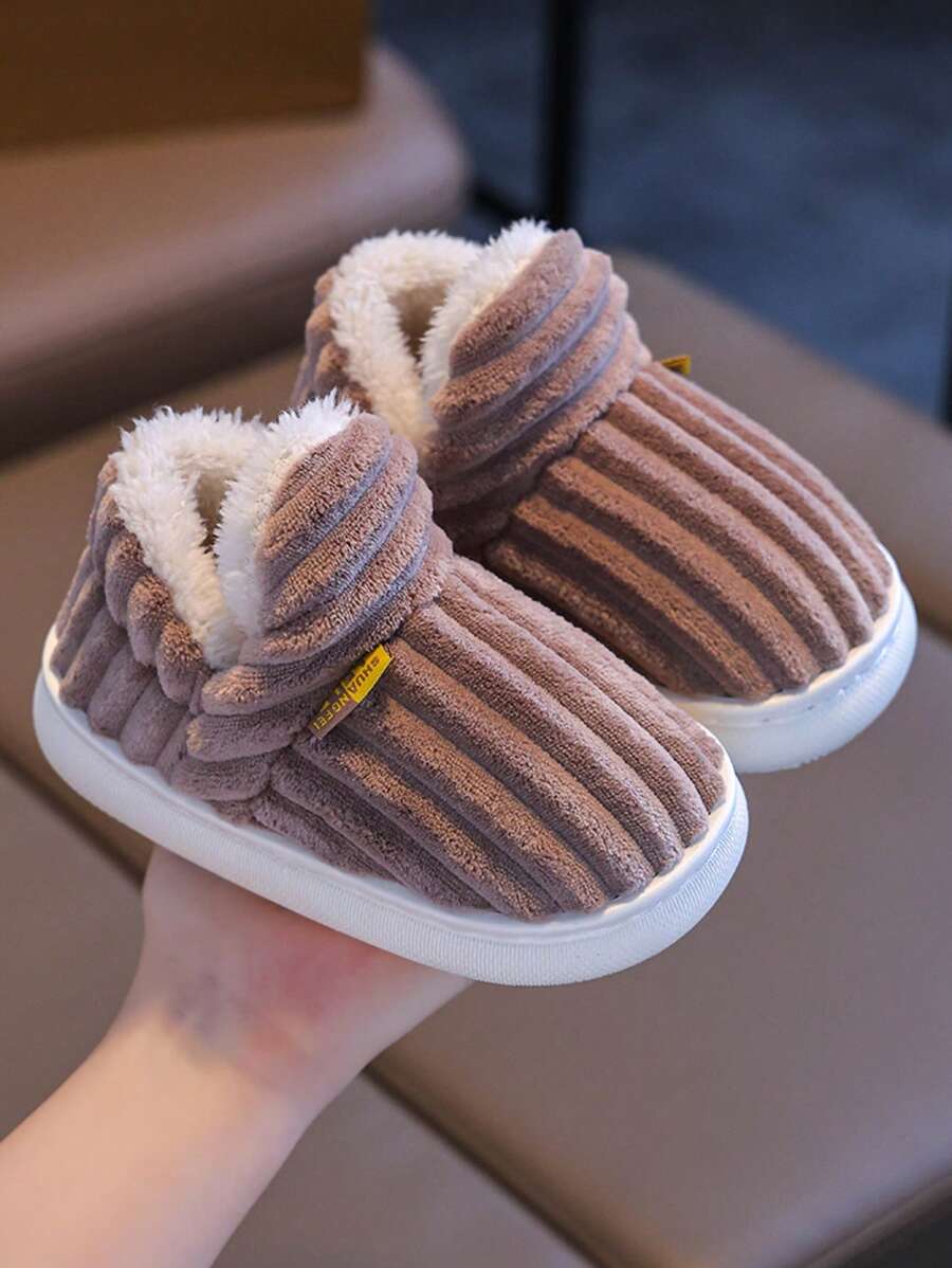 1 双儿童男童/女童休闲防滑毛绒内衬包头家居拖鞋，温暖毛绒室内拖鞋，儿童生日礼物 - 咖啡棕 - 查看 1