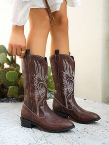 Stivali western da donna in pelle vintage americana ricamata con punta affusolata, stivali alti in pelle marrone caffè con tacco alto e spesso, stile punk, stivali Chelsea - Caffè Marrone - Visualizzare 5
