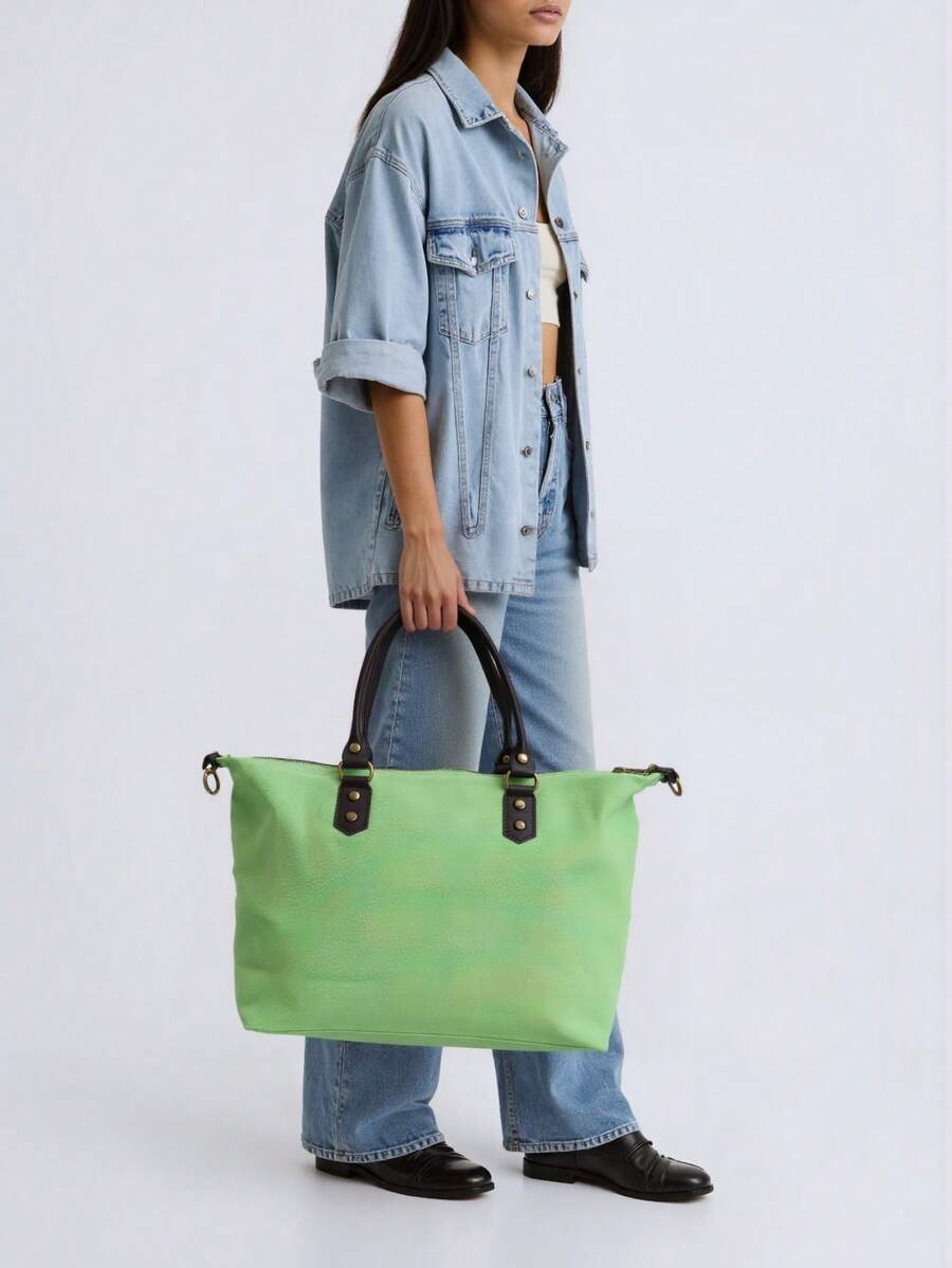 真皮拉链手提包，双色手柄搭配金属皮革，意大利制造，时尚大容量女士单肩包，简约休闲皮革购物袋，纯色大容量女士手提包 - Verde Clarito - 查看 1