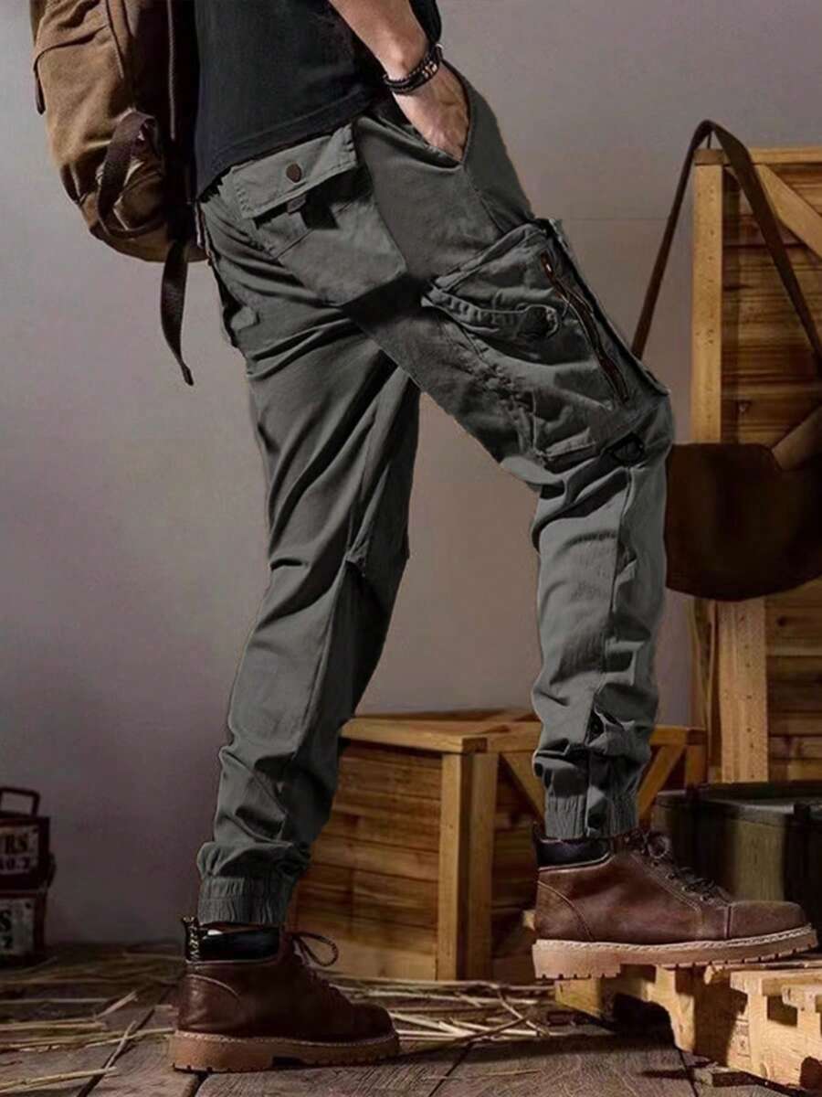 New Men's Cross-Border Multi-Pocket Cargo Pants Straight-Leg Loose-Fit Spring Autumn Summer Pure Cotton Casual Long Pants - 灰色 - 查看 1