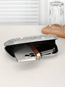 1pc Silver Glitter Rhinestone Embellished Women's Evening Clutch Bag, Fashionable & Elegant Handbag With Metal Chain, Suitable For Parties, Romantic Weddings, Formal Occasions, Banquets, Great Gift For Women