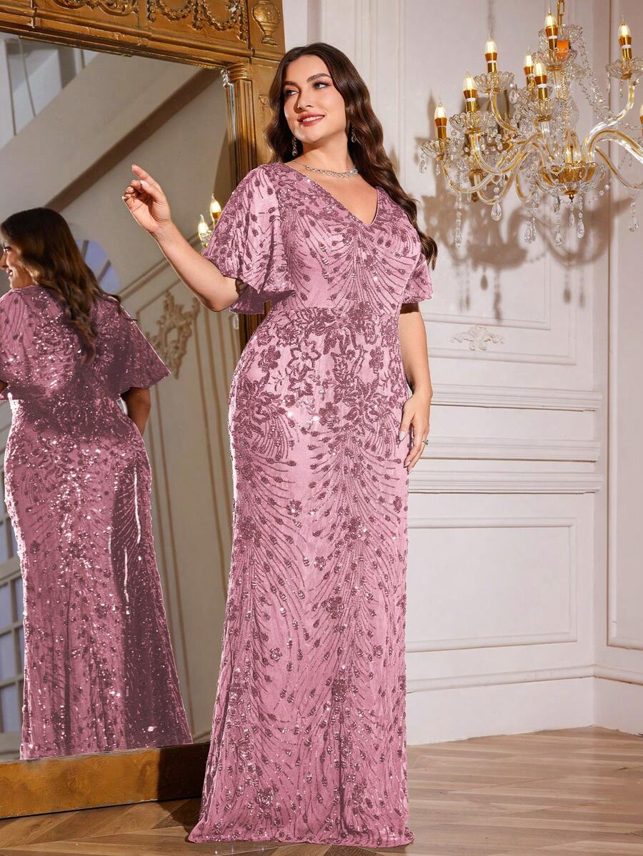 hezixi 高品质弹力优雅亮片拼接超修身加大码V领晚宴鸡尾酒会婚礼周年纪念家庭正式晚宴新娘送礼会生日无袖奢华高贵新娘母亲礼服（重工装饰）春季