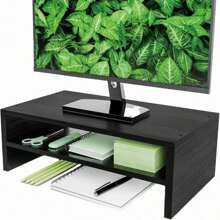 Soporte elevador de monitor de simple, organizador de almacenamiento de escritorio de oficina de 2 niveles de madera para laptop, computadora, negro