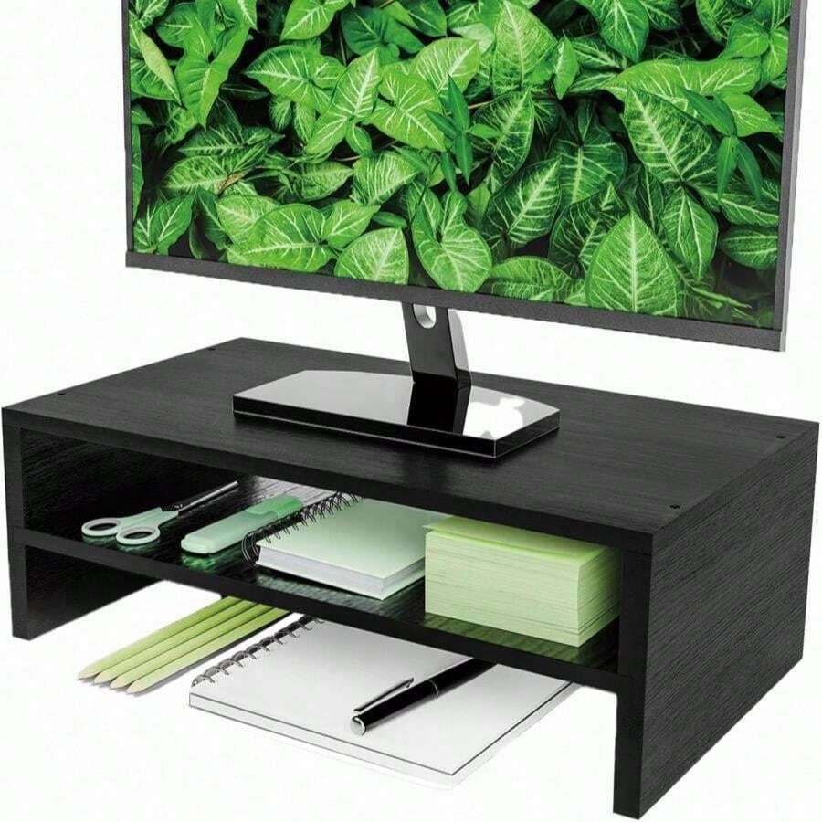 Soporte elevador de monitor de simple, organizador de almacenamiento de escritorio de oficina de 2 niveles de madera para laptop, computadora, negro