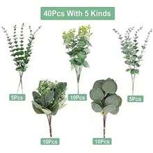 40pcs Mixed Artificial Eucalyptus Stems, Silver Eucalyptus Bunches, Fake Green Plant Branches For Wedding Bouquet, Floral Wall, Centerpiece Decor, Plastic Baby's Breath Fake Flower Bouquet