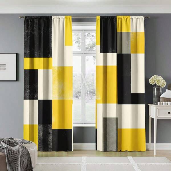 2pcs High-Quality Printed Curtains 100% Polyester Geometric Pattern In Black, Yellow, And Gray Modern Design Perfect For Living Room, Bedroom, And Study