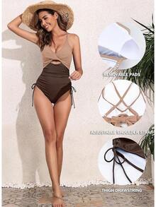 Ribbed One Piece Swimsuit With Tummy Control And High Cut - Nude Brown - 查看 11