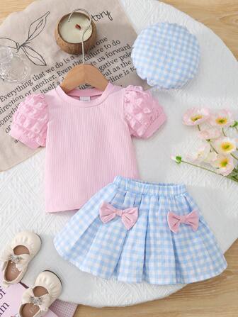 3 件套女婴休闲可爱粉色圆领泡泡袖罗纹上衣、蓝白格纹粉色蝴蝶结裙和蓝白格纹贝雷帽，夏季套装