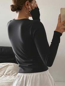 Livesso 女士休闲日常纯色长袖T恤，秋季服装 - 黑色 - 查看 5