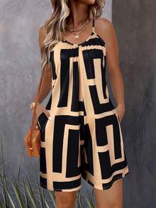 女士全印花无袖连体裤 - 圆领吊带连体裤，度假沙滩装，飘逸夏季短款连体裤，休闲夏季吊带连体裤 - 黑色 - 查看 1