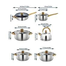 Juego de 12 piezas de utensilios de cocina de acero inoxidable con mangos dorados, adecuado para el juego de combinación de cocción de fondo plano para la cocina - Plateado - Ver 9
