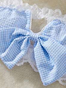 Women's Maid Lingerie Set Sleeveless Plaid Print Bow And Panty Apron Skirt Set Exotic Nightwear - 藍色 - 查看 6