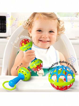 1pc Infant Soft Rubber Ball Rattle Hand Grip Ball Hand Grip Stick Fitness Ball Sensory Ball, Can Be Boiled, Early Education Toy Accessories, Pattern/Color/Size/Packaging Random