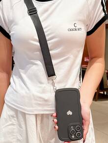 Heart-Shaped Sticker With Wavy Border, Solid Color Phone Case With Lanyard, Waterproof, Shockproof, Anti-Fall, Anti-Scratch - Black - View 4