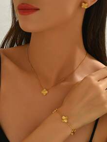 1 Set de Joyería de Acero Inoxidable con Diseño de Textura Floral en Estilo Minimalista, Adecuado para Uso Diario de Mujeres - Amarillo Oro - Ver 4