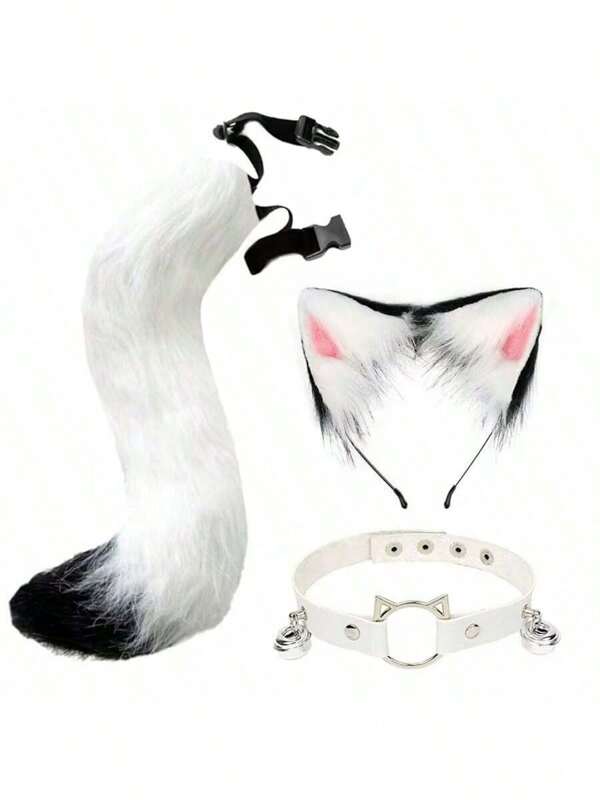 White - Animal Claw Paw Gloves With Cat Ears & Tail, Cute Plush Costume Props, Suitable For Cosplay, Halloween
