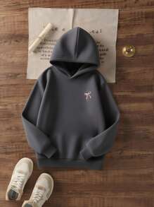 1 件女童休闲印花套头连帽衫，保暖内衬，长袖，秋冬学生服装