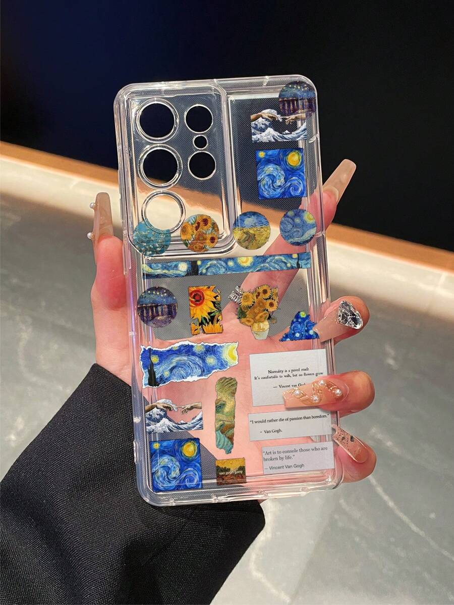 1 pieza Funda de teléfono protectora de TPU transparente con diseño de pintura al óleo, a prueba de golpes, como regalo, compatible con teléfonos Xs/Xsmax/Xr/11 12 13 14 15 16pro/Promax/14 15 16plus para hombres y mujeres, también es compatible con teléfonos