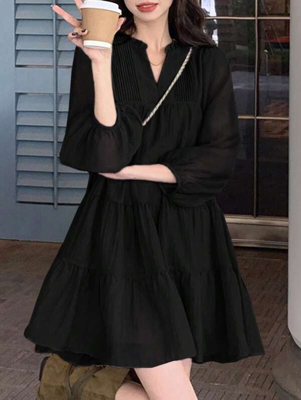 Summer French Style Elegant Loose Dress With Bubble Sleeves, Flattering And Chic