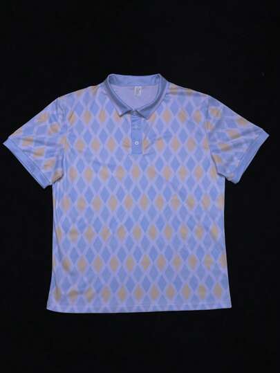 Camicia polo da uomo con stampa geometrica 3D, stile primavera/estate, con bottoni, adatta per golf, casual, con maniche corte, stile vintage, per uso quotidiano, moda e stile da strada