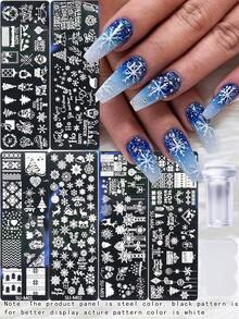 1/2/3/4/6 件套冬季圣诞美甲模板，含美甲印章、刮刀、圣诞雪花、驯鹿、圣诞树、时钟、雪人图案美甲模板、冬季美甲烫印板设计 DIY 美甲工具 - 銀色 - 查看 1