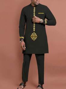 2 pièces/Set Chemise à manches longues col rond bleu Dashiki avec imprimé doré à l'ourlet et fente, pantalon taille élastique pour hommes. Ensemble chemise et pantalon décontracté pour hommes, nouveau style pour toutes les saisons, streetwear, soirée, rendez-vous, mariage, événements culturels, cérémonies traditionnelles