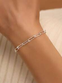 1pc S925 Sterling Silver 14K Gold Plated Paperclip Bracelet, Suitable For Layering, Pure Silver Material, Minimalist High-End Versatile Women's Bracelet, Suitable For Summer Beach Vacation, Daily Wear, Suitable As A Gift For Girlfriend/Mom/Relatives - Multicolor - View 7