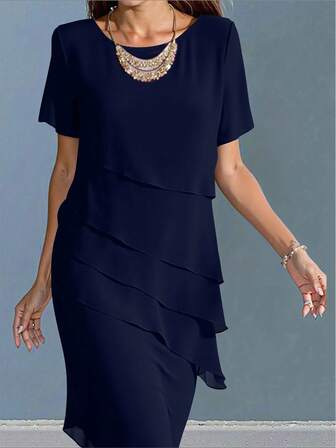 Fall Winter Collection New Arrival Women's Elegant Casual Chiffon Dress Halloween Solid Color Short Sleeve Round Neck Flowy Ruffle Hem Loose Tunic Breathable Draped Dress For Office Party Daily Wear