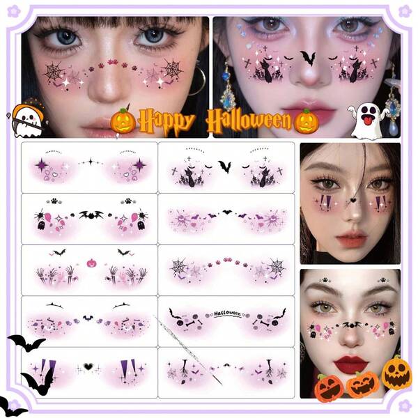 10 ورقة عوض وجوه أشباح جميلة في عيد الهالوين | ملصقات مكياج رعب جذابة لتصوير الصور | وشم مؤقت مقاوم للماء والعرق لتنكرات ال- كوسبلاي والحفلات وديكور التصوير