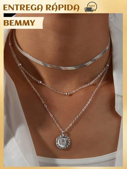 BEMMY 1 Peça Colar Com Pingente de Sol Vintage da Moda, Colar Com Pingente Multicamadas de Liga, Adequado Para Festas e uso Diário