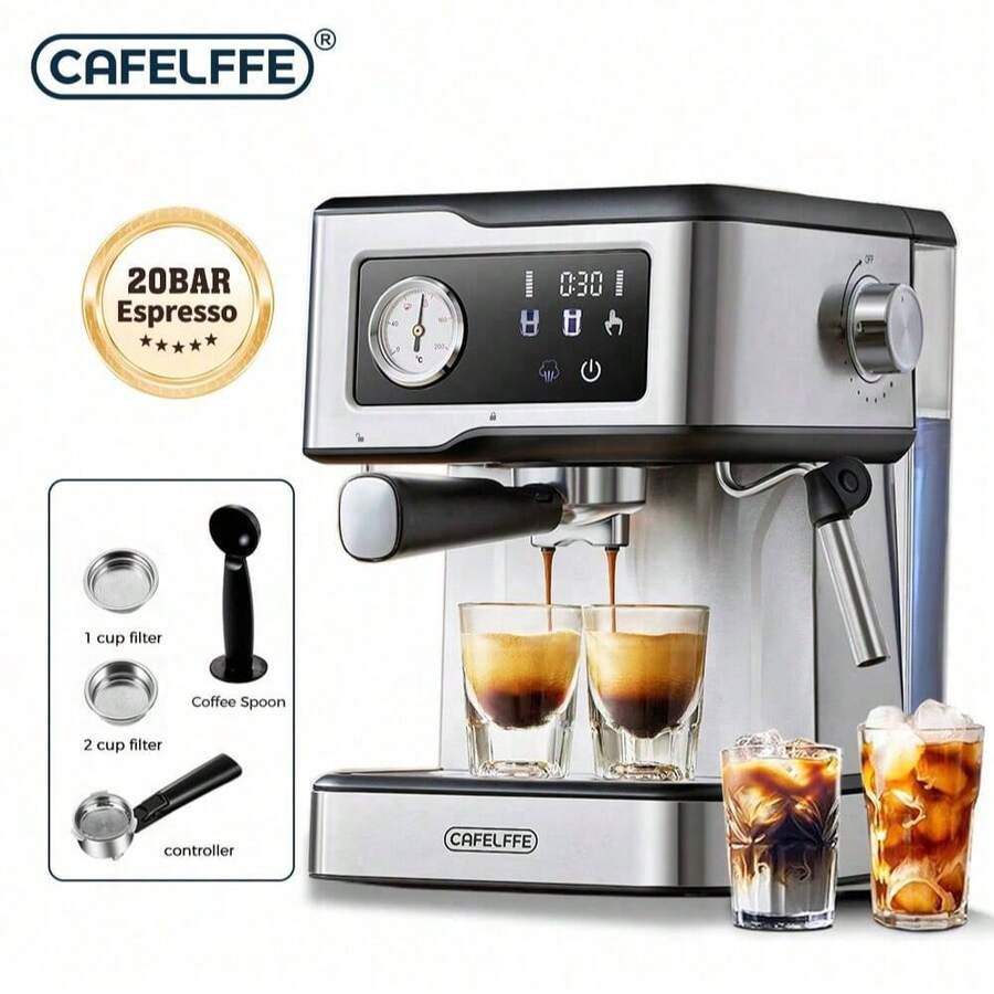 CAFELFFE 20 巴意式咖啡机，温度可调，1.5L 可拆卸水箱，半自动咖啡机，带蒸汽棒，非常适合制作意式浓缩咖啡、拿铁和卡布奇诺，是万圣节、圣诞节或新年的完美礼物！
