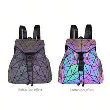 Fashionable Luminous Women Backpack, Drawstring Geometric Rhombus Folding Reflective Iridescent Student School Bag, Large Capacity Backpack, Iridescent Geometric Grid Backpack - Black - View 4