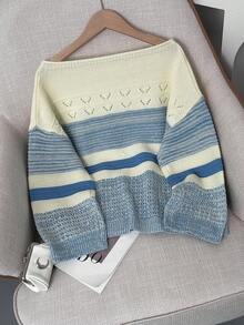女士新款时尚休闲落肩条纹拼色提花镂空长袖圆领套头衫，复古费尔岛宽松柔软夜间外出返校针织毛衣，秋冬 - 彩色 - 查看 3