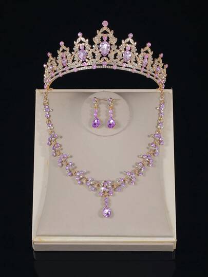 4 piezas Conjunto de joyería para adolescentes, Conjunto de collar de princesa, Conjunto de collar de corona, Tiara de flores de cristal de calidad para niña, Caja de regalo de collar de corona de lujo, Accesorios nupciales y de boda adecuados para vacaciones, galas y eventos