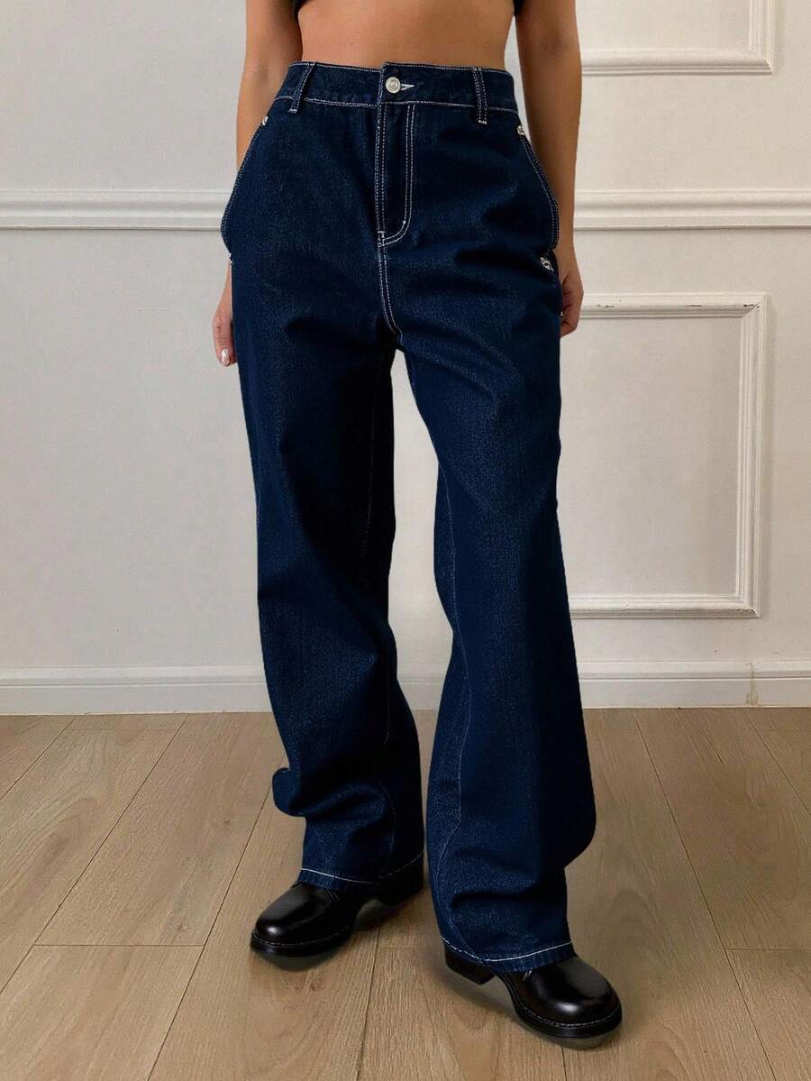 Livesso Casual Versatile Washed High Waist Straight-Leg Jeans - Dark Wash - View 1