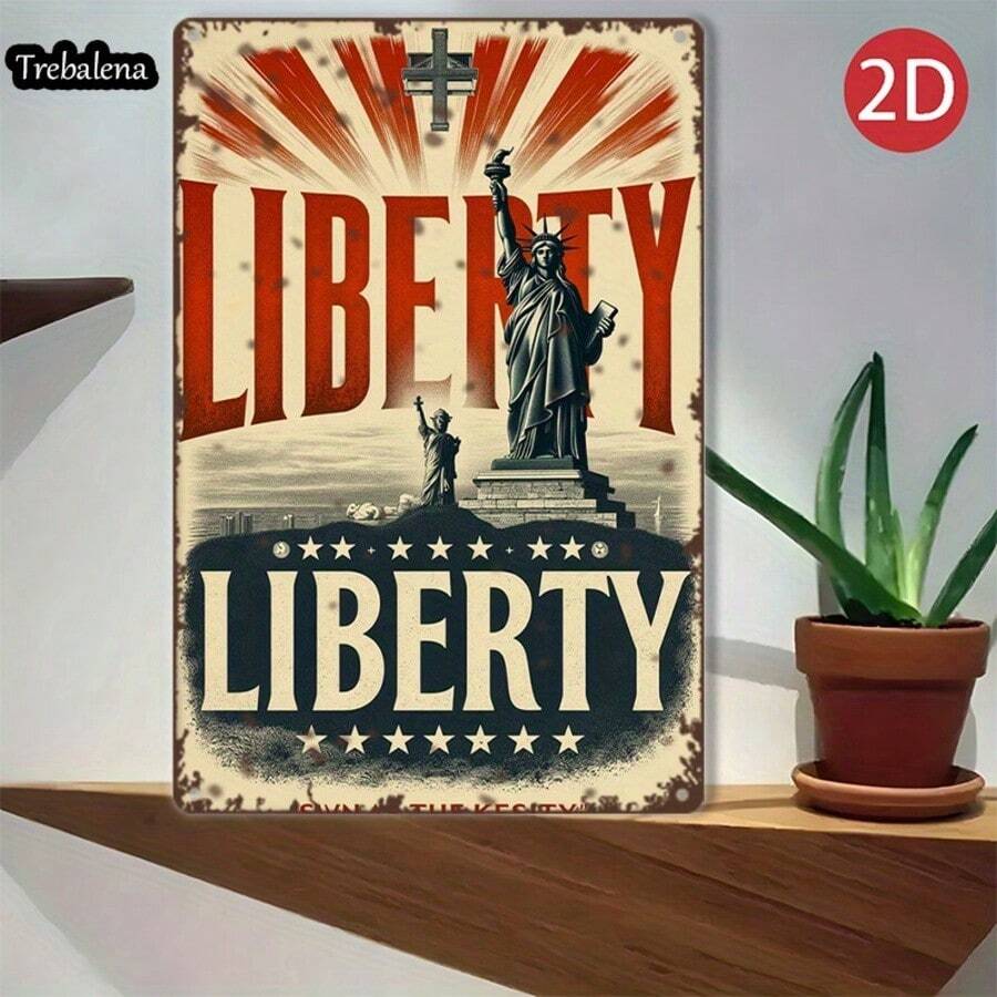 Vintage Metal Sign 8x12 Inches Statue Of Liberty Poster With Stars And Cross Design - Multicolor - View 1