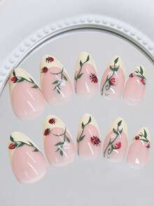 24片长杏仁形按压指甲 - 法式夏日立体可爱瓢虫草莓假指甲，简约清新的乡村风格，全覆盖易粘贴设计，适合女性日常生活、旅行，时尚美甲饰品，高品质按压指甲，时尚爱好者的必备美甲用品 - 彩色 - 查看 3