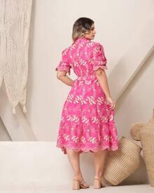 Women's Fashion Midi Dress In 3D Laise Fabric With Elastex On The Back And Button On The Front And Lining - 粉紅雙色3d - 查看 2
