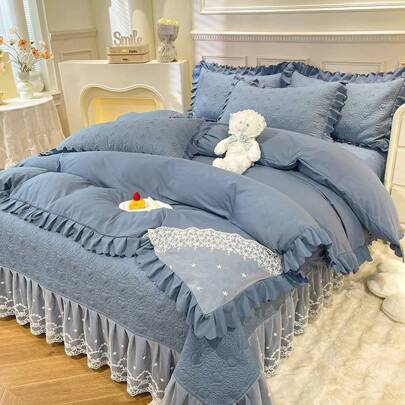 お肌に優しい韓国製二層レースベッドカバー4点セット アニーシリーズ