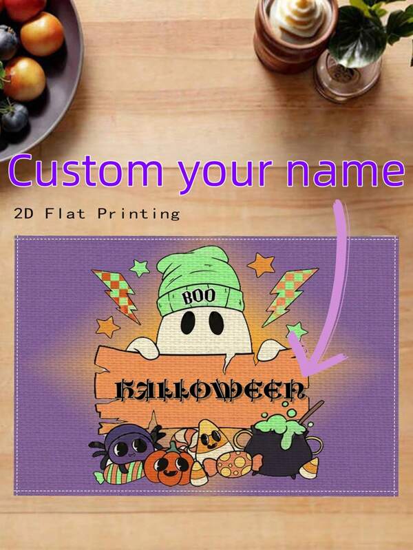 1pc Customizable Halloween Theme Placemat, Ghost Contrast Color Mat Element, 32*42cm, 2 Base Color Options, Warm Pumpkin Spider Background Rectangular Linen Table Mat, Non-Slip Heat-Resistant For Family Dining, Holiday Gift