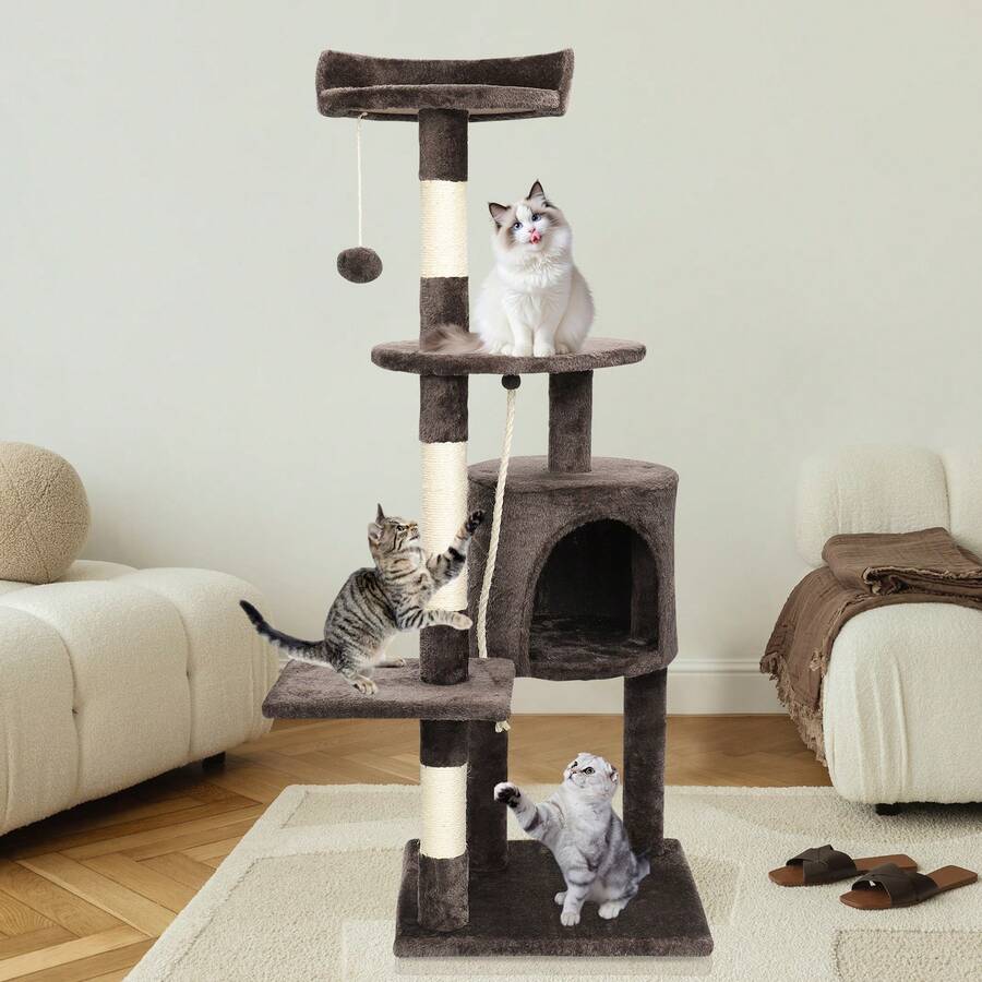 SEBRUANC Árbol para gatos de 112 cm, rascador multicapa, estructura estable y cómoda percha con juguetes y sisal para gatos gorditos, ideal para el cuidado de sus patas y diversión.